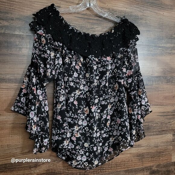WHBM Floral Chiffon Ruffle Crochet Lace Top 1X Sheer Flutter Sleeve Ethereal - Picture 3 of 14